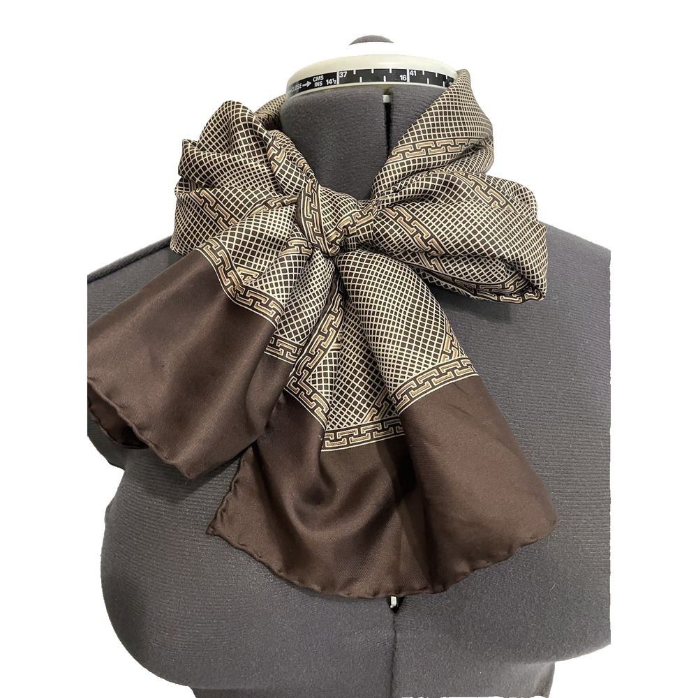 Vintage Silk Scarf 54” x 11” Made in Italy Brown Hand Rolled Plaid Boho Travel - Picture 2 of 8